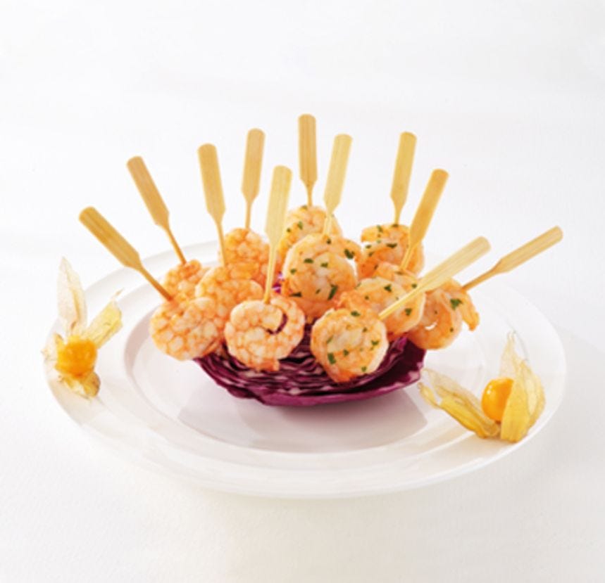 Mini brochette de crevettes marinées